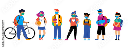 Back to school background, diversity concept for children - schoolboys and schoolgirls of different ethnicities standing together