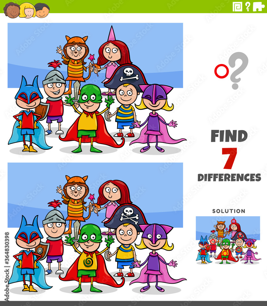 differences educational game with kids at costume party