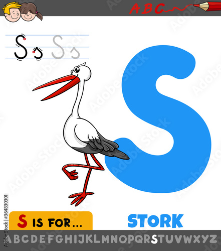 letter S worksheet with cartoon stork bird animal