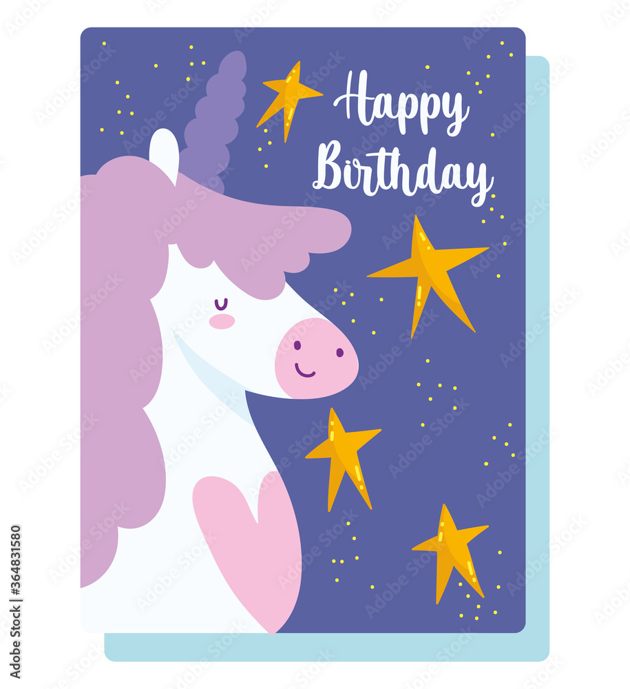 happy birthday, cute unicorn stars cartoon celebration decoration card