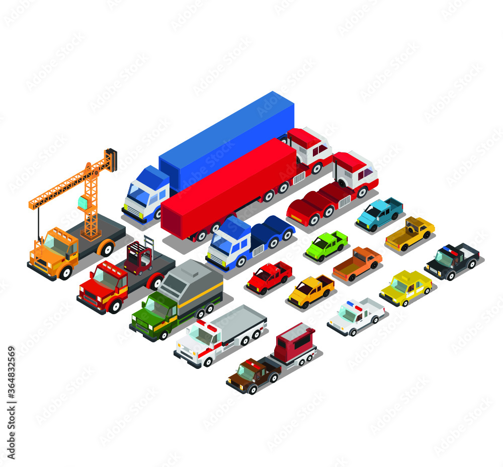 Transportation Cars Graphics Set of urban public and freight transport cars isometric view front ...