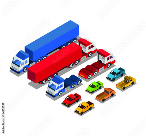 Set of urban public and freight transport cars isometric view front, back