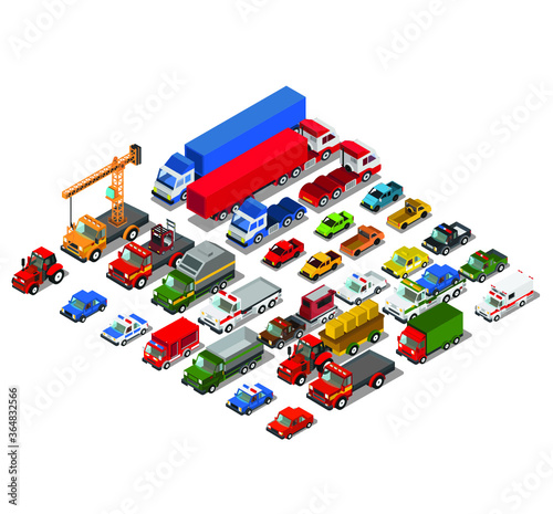 Set of urban public and freight transport cars isometric view front, back