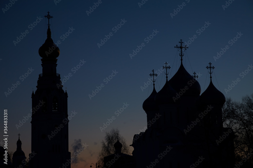 Vologda Kremlin cathedral and bell tower silhouette at night, Russia