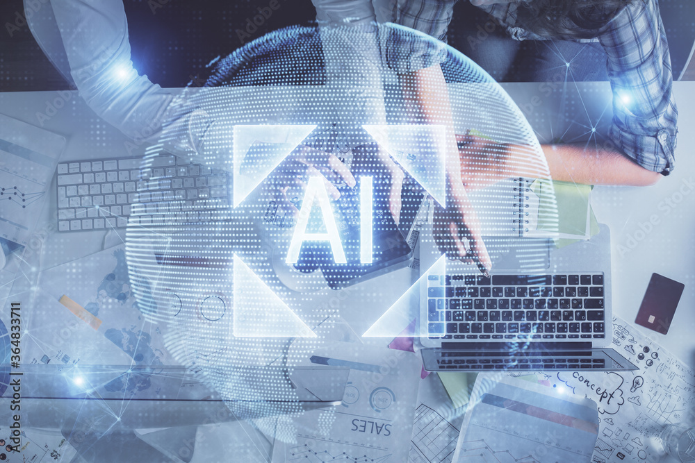 Double exposure of man and woman working together and data theme hologram drawing. Computer background. Top View. Double exposure of man and woman working together and data theme hologram drawing. Computer background. Top View.