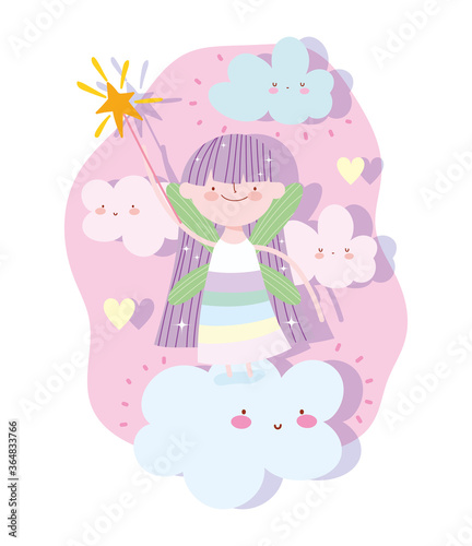 little fairy princess with wand and clouds tale cartoon