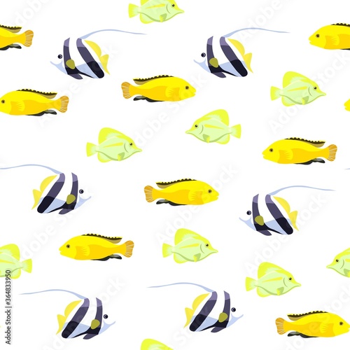 Cute seamless pattern with bright tropical coral fishes.