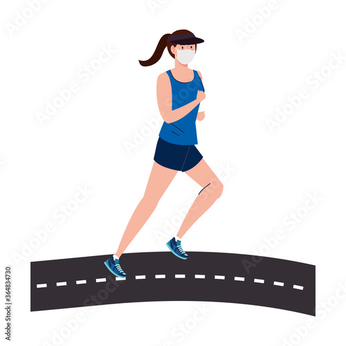 woman with mask and sportswear running at street design of medical care and covid 19 virus theme Vector illustration