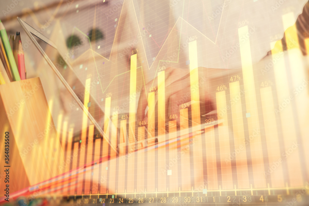 Double exposure of woman hands typing on computer and forex chart hologram drawing. Stock market invest concept. Double exposure of woman hands typing on computer and forex chart hologram drawing. Stock market invest concept.
