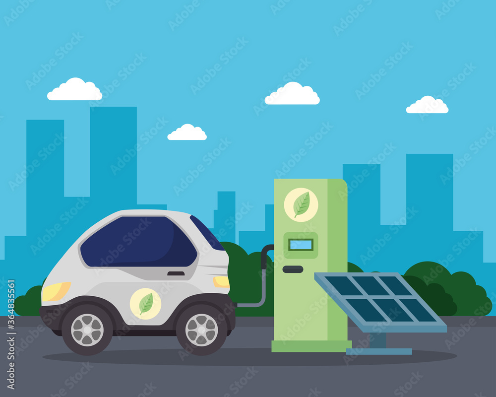 Eco station with car and solar panel design, energy power save sustainable environmental nature and conservation theme Vector illustration