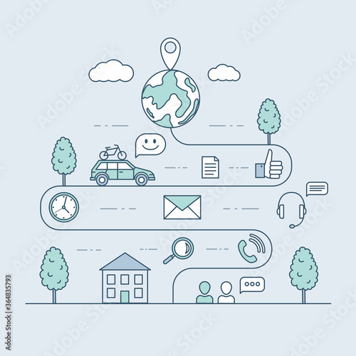 Traveling by car vector cartoon outline illustration. Road map and journey route from house, winding road timeline design. Car with bicycle on journey route. Travel and recreation concept.