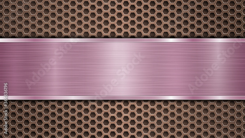 Background of bronze perforated metallic surface with holes and horizontal purple polished plate with a metal texture, glares and shiny edges