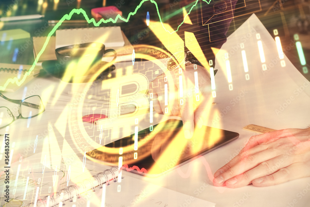 Fototapeta premium Double exposure of man's hands holding and using a phone and crypto currency blockchain theme drawing.