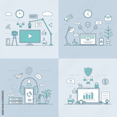 Making video content, vlogging, data analysis or investing application, audiobook or podcast application, social network, and internet communication vector cartoon outline illustration.
