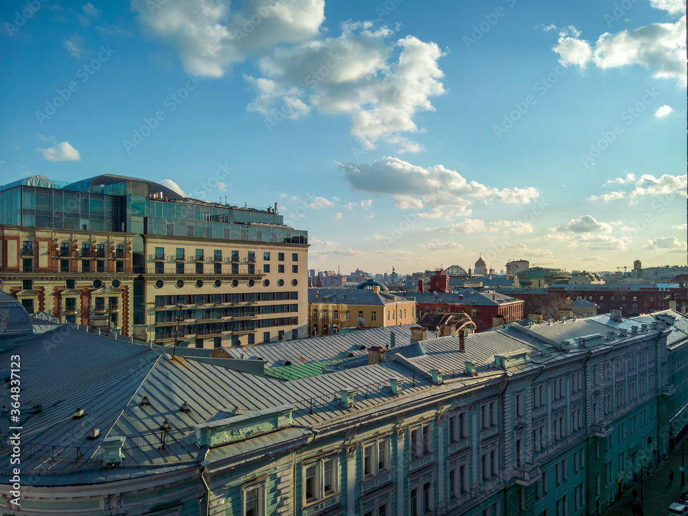 Traffic on Tverskaya street view of the Ritz-Carlton hotel from the balcony of the Central Telegraph