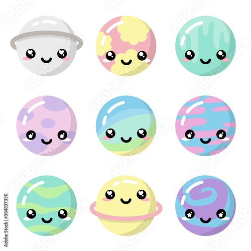 Cute kawaii planets pastel colorful set isolated