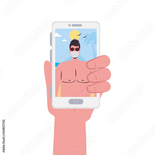 Hand holding smartphone and man with mask at the beach in video chat design, Summer vacation tropical and covid 19 virus theme Vector illustration