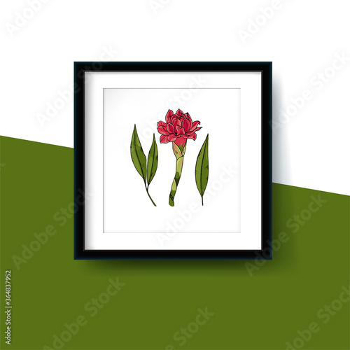 Picture frame with ginger flower and leaves drawn in sketch style. Isolated photo frame mockup template on white-green background photo