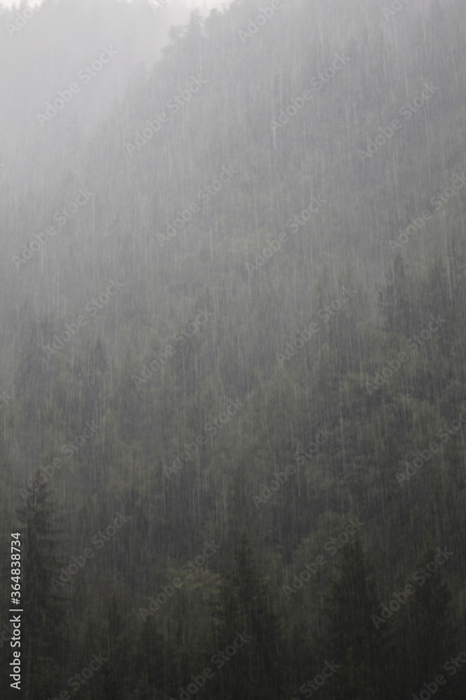 dark grey foggy rainy landscape, hard rain background in the mountain