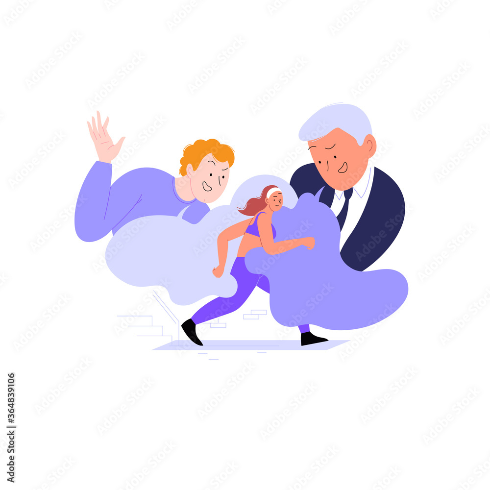Harassment on the street. Two guys harassing a female runner. Unwanted attention from a stranger Harassment on the street. Two guys harassing a female runner. Unwanted attention from a stranger