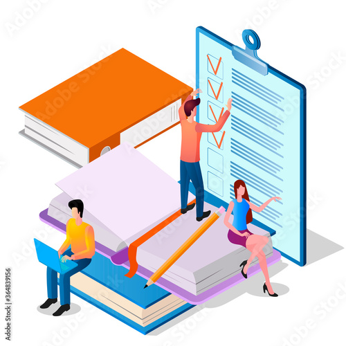 Isometric image of the people engaged in clerical work.Time-management.Teamwork and control of the business process.People, folders, and papers.The concept of corporate communication.