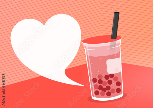 Illustration of romantic cute boba. Sweet taste and romantic with pink background. Flat illustration style vector. Romantic wallpaper for expressing feelings of love. Valentine's day for someone love.