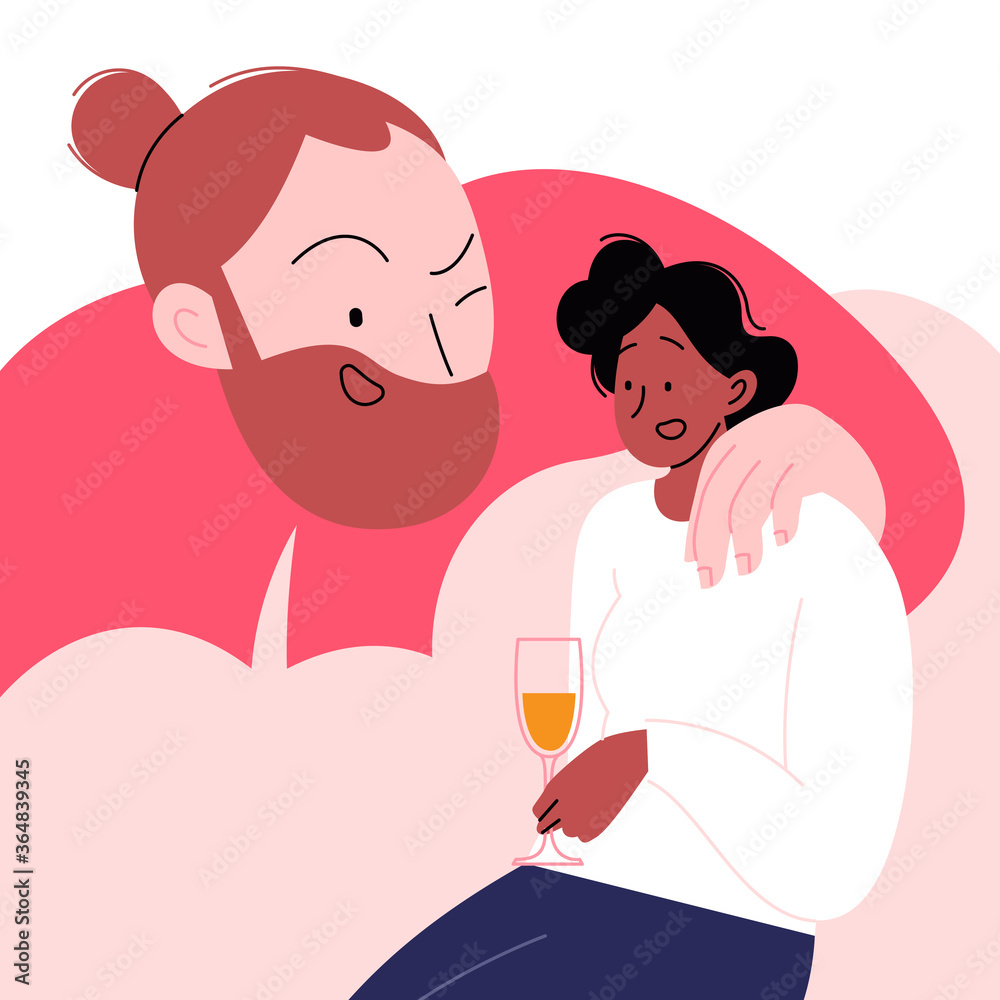 Harassment at the bar. A man touching a woman who is holding a wineglass. Unwanted attention from a stranger Harassment at the bar. A man touching a woman who is holding a wineglass. Unwanted attention from a stranger