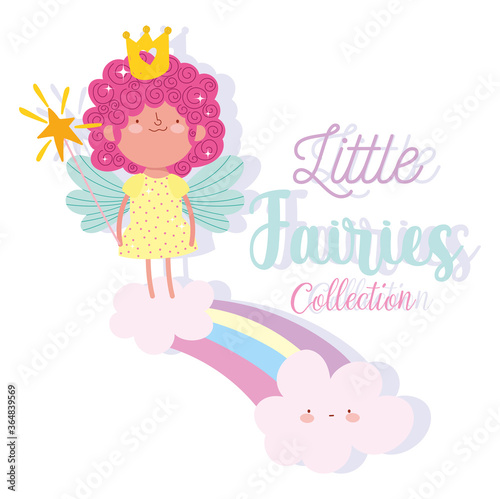 little fairy princess with magic wand on rainbow and clouds tale cartoon