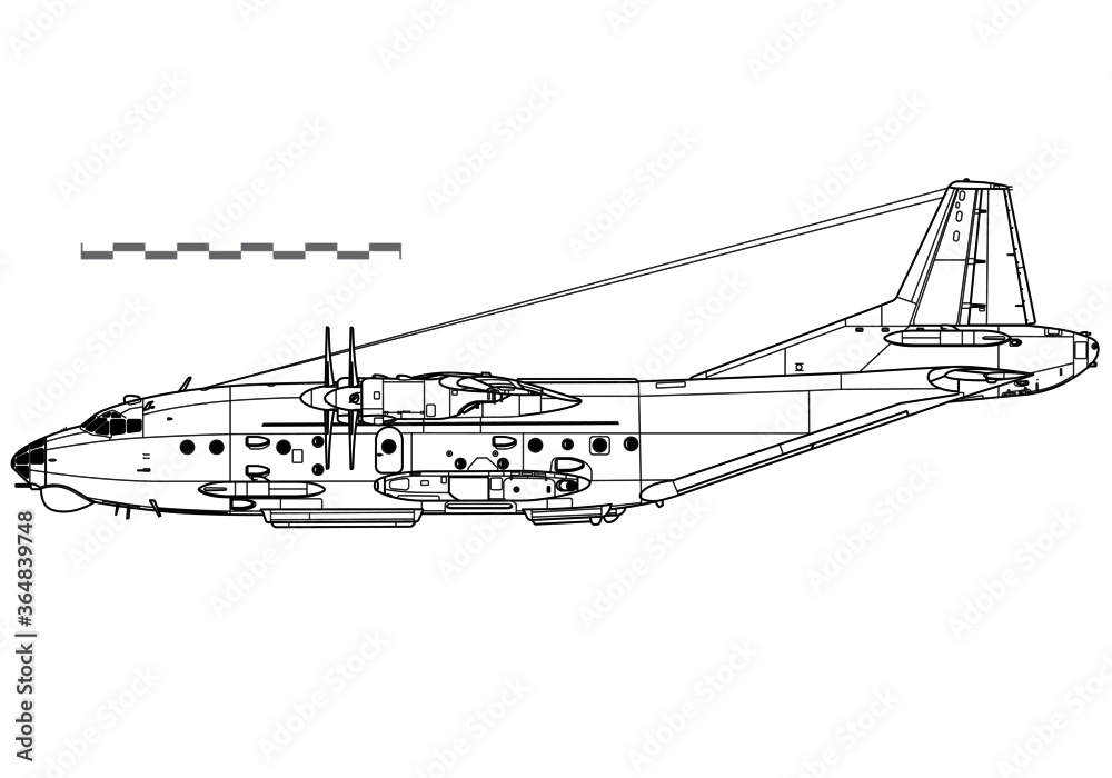 Antonov An-12BK-PPS. Vector drawing of electronic warfare aircraft. Side view. Image for illustration and infographics.