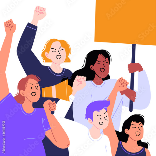 Flat illustration of a group of female activists protesting holding protest poster and shouting