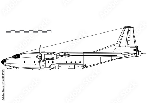 Antonov An-8 Camp. Vector drawing of military transport aircraft. Side view. Image for illustration and infographics.