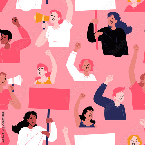 Seamless pattern. Flat illustration of a group of female activists protesting holding protest poster and shouting