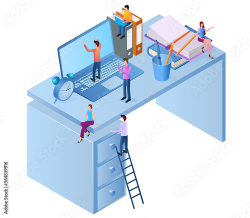 The people involved in the coworking office.Desktop workers and office equipment.Team work and time management.The concept of joint goal achievement.Flat isometric image. © NikAndr