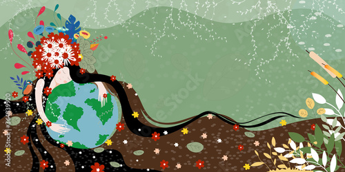 Mother earth day poster with hand holding planet,Nature fo woman. Cute cartoon Vector Girl with wild natural forest and globe,World environment background,Save the earth or Earth day,Green day concept