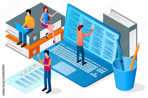 Isometric image of office work.A metaphor for teamwork.People do paperwork.A symbol of team, partnership, and collaboration.People laptop and office supplies.