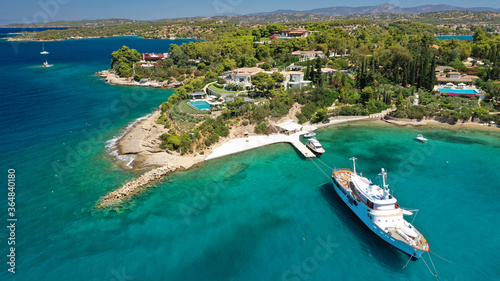 Aerial drone photo of Chinitsa bay a popular anchorage crystal clear turquoise sea bay for yachts and sail boats next to Porto Heli  Saronic gulf  Greece