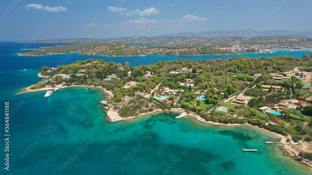 Aerial drone photo of famous fjord seaside village and bay of Porto Heli in the heart of Argolida prefecture, Peloponnese, Greece