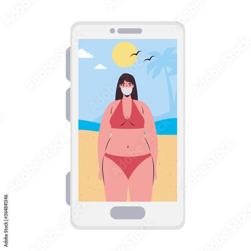 Girl with bikini and mask at the beach in smartphone in video chat design, Summer vacation tropical and covid 19 virus theme Vector illustration