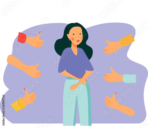  Smiling happy young woman surrounded by hands with thumbs up. Concept of public approval, acknowledgment, recognition, acceptance and appreciation. Colorful vector illustration in flat cartoon style