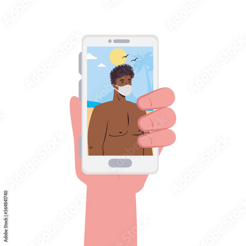 Hand holding smartphone and man with mask at the beach in video chat design, Summer vacation tropical and covid 19 virus theme Vector illustration