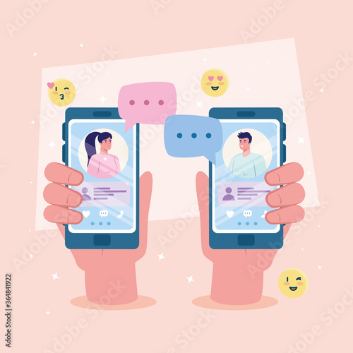 hands holding smartphones with woman and man chatting design, Virtual dating and relationship theme Vector illustration