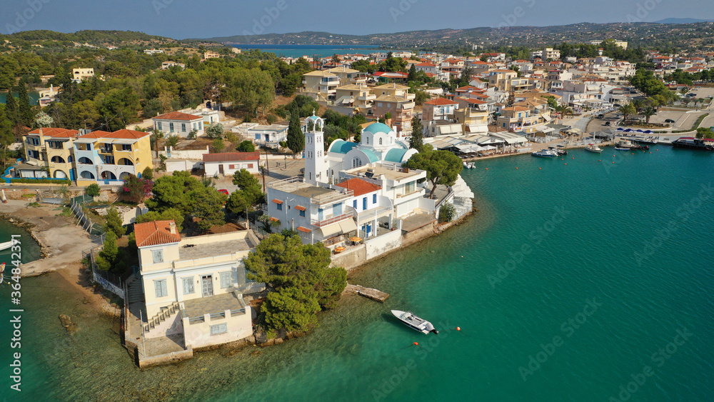 Obraz premium Aerial drone photo of famous fjord seaside village and bay of Porto Heli in the heart of Argolida prefecture, Peloponnese, Greece