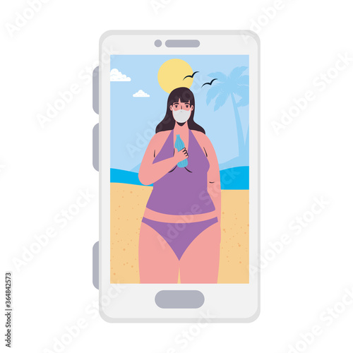 Girl with bikini and mask at the beach in smartphone in video chat design, Summer vacation tropical and covid 19 virus theme Vector illustration