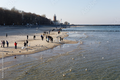 Fototapeta Naklejka Na Ścianę i Meble -  People winter walking at Baltic Sea in Kolobrzeg