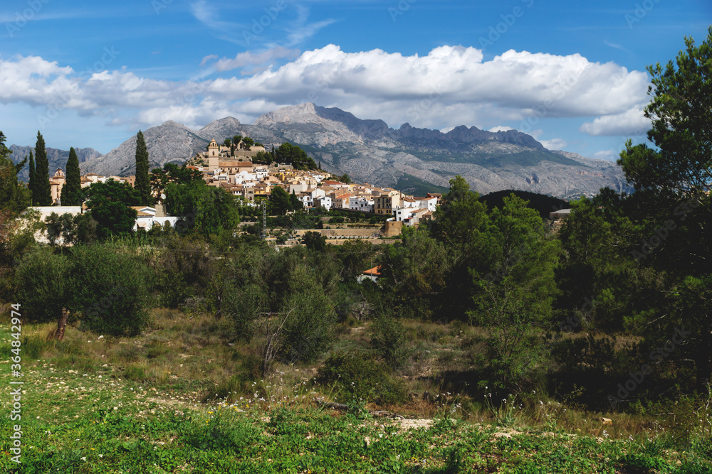 Panorama view on the hills of Polop de Marina surounded by green forest at the Costa Blanca, Spain