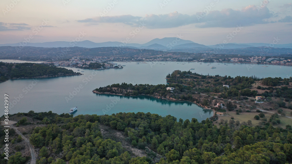 Aerial drone photo of beautiful fjord landscape forming turquoise beaches in small vegetated coves in Porto Heli a popular anchorage for yachts and sail boats, Argolida, Greece Aerial drone photo of beautiful fjord landscape forming turquoise beaches in small vegetated coves in Porto Heli a popular anchorage for yachts and sail boats, Argolida, Greece