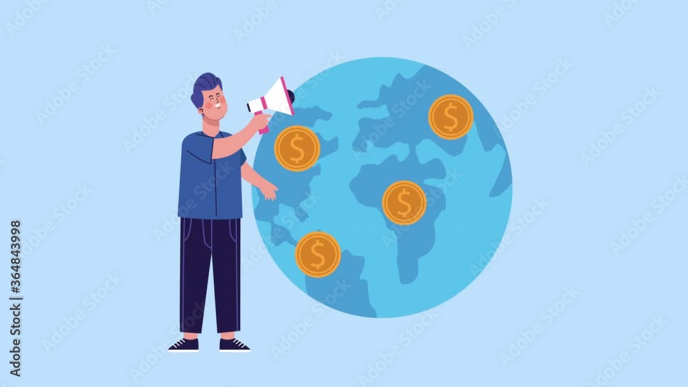businessman using megaphone and earth planet animated businessman using megaphone and earth planet animated