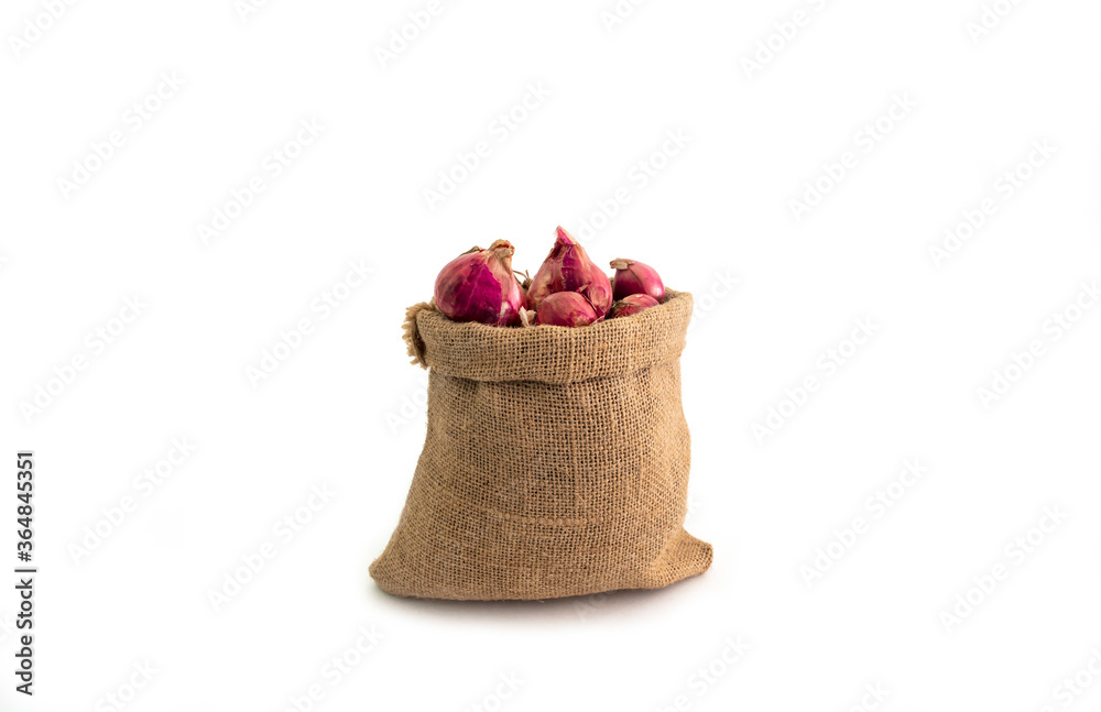 Shallot in a sack bag isolated on a white background.