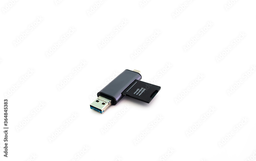 converter from micro usb to usb, flash drive on white background.  Connection scheme of a flash drive to a smartphone via an adapter. Closeup.  Stock Photo | Adobe Stock