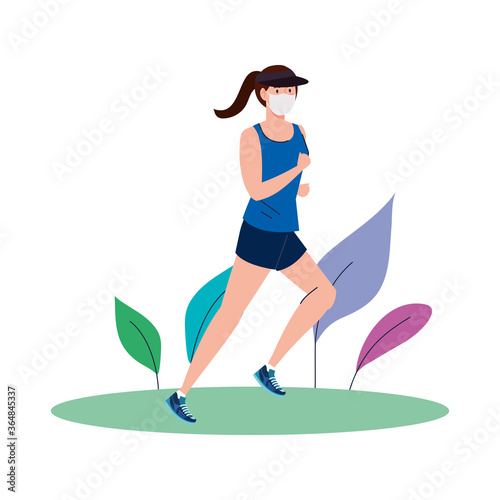 woman with mask and sportswear running at park design of medical care and covid 19 virus theme Vector illustration
